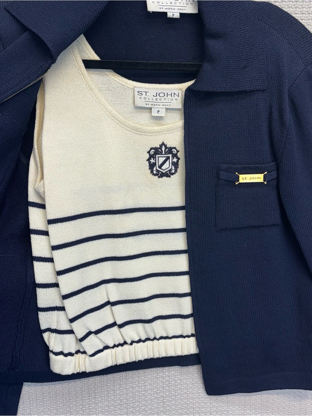 Vtg St John Navy Nautical Blazer W/Sleeveless Striped Tank Top Small P Gold - Picture 5 of 13